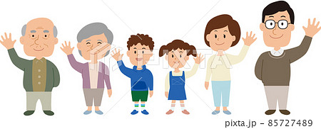 正面を向いて手を振っている3世代家族 全身のイラスト素材