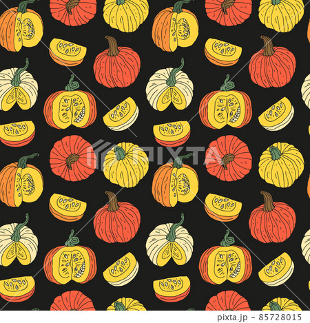 Seamless pattern with hand drawn pumpkins. Black background. Seamless pattern with hand drawn pumpkins. Black background. 85728015