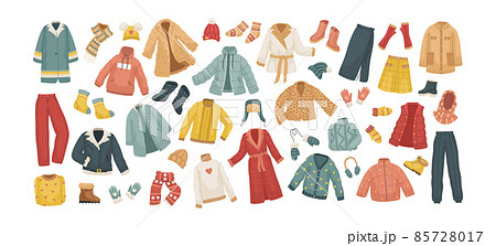 The vector set of winter clothes. Coats, hats, gloves, shoes and socks. 85728017