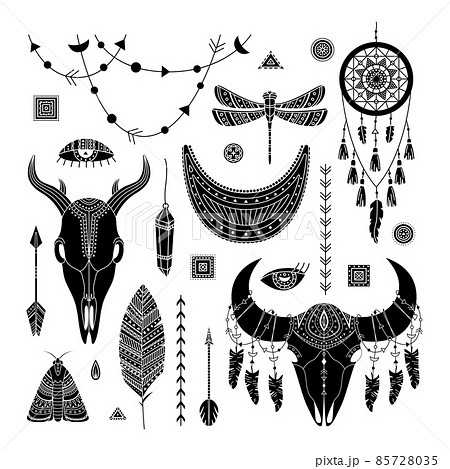 Vector set of boho illustrations. Simple style. Dreamcathers, animal skull, feathers and arrows Vector set of boho illustrations. Simple style. Dreamcathers, animal skull, feathers and arrows 85728035