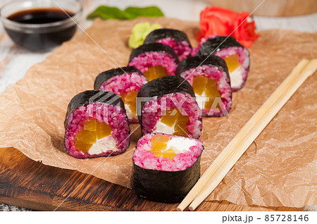 pink rolls with takuan and cream cheese pink rolls with takuan and cream cheese 85728146