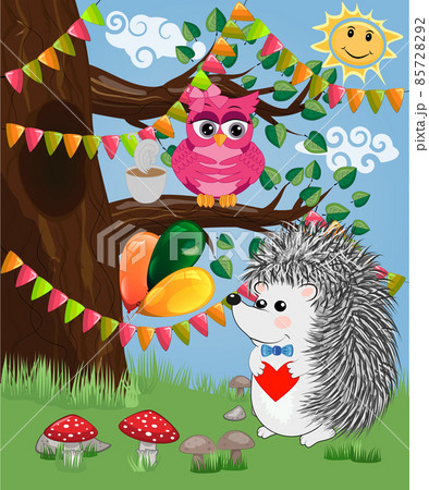 The hedgehog in the forest glade. The concept of art, love. Owl on a tree branch 85728292