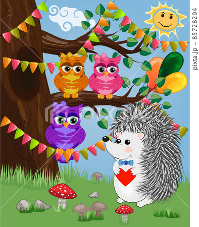 The hedgehog in the forest glade. The concept of art, love. Owl on a tree branch The hedgehog in the forest glade. The concept of art, love. Owl on a tree branch 85728294