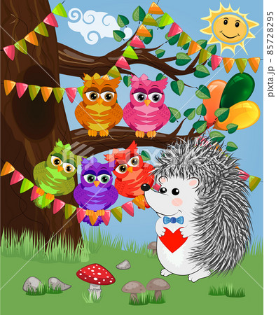 The hedgehog in the forest glade. The concept of art, love. Owl on a tree branch 85728295