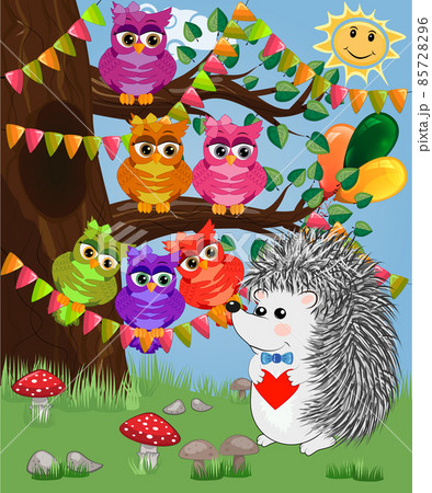 The hedgehog in the forest glade. The concept of art, love. Owl on a tree branch 85728296