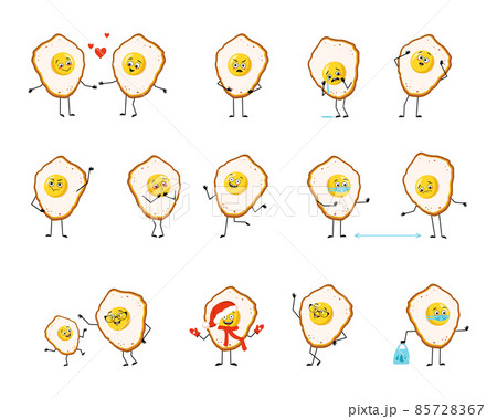 Cute character scrambled egg with yolk and protein with happy or sad emotion, panic, loving or brave face, hands and legs. Fun food breakfast person with mask, glasses or hat. Vector flat illustration 85728367