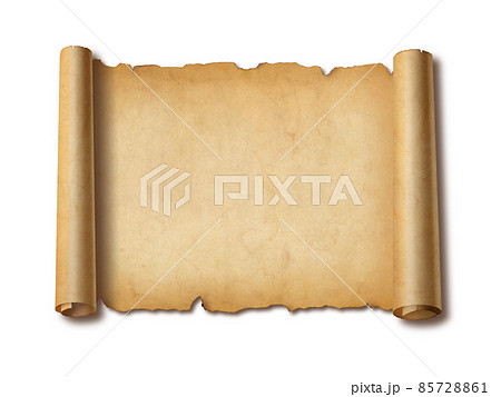Old mediaeval paper sheet. Horizontal parchment scroll isolated on white with shadow 85728861