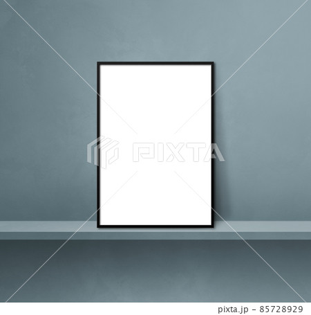 Black picture frame leaning on a grey shelf. 3d illustration. Square background Black picture frame leaning on a grey shelf. 3d illustration. Square background 85728929