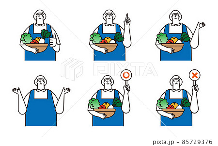 キャップとエプロンをつけた栄養士さんイラストセット キャップとエプロンをつけた栄養士さんイラストセット 85729376