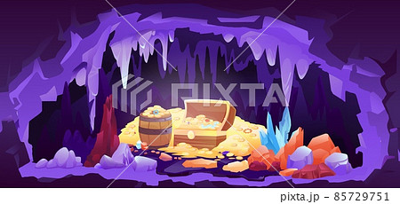 Treasure gold coin and gemstone in rock caveのイラスト素材