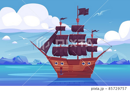 Cartoon pirate ship sailing in sea or ocean Cartoon pirate ship sailing in sea or ocean 85729757