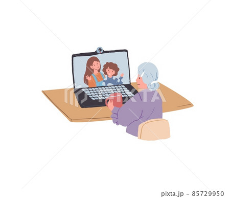 Cartoon flat old woman character talking with family online,using of app for video calls vector illustration concept 85729950