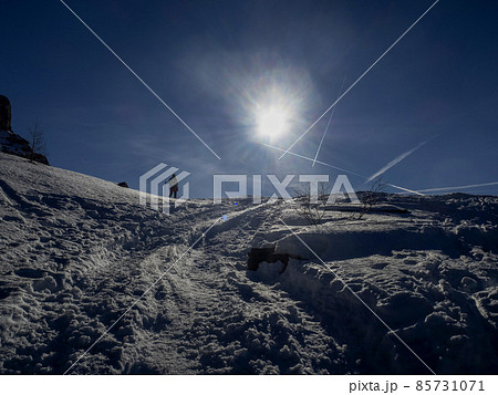 dolomites snow panorama val badia armentara hill 85731071