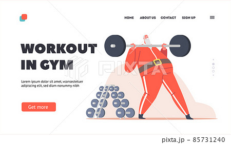 Santa Workout with Barbell in Gym Landing Page Template. Funny Senior Character Healthy Lifestyle, Powerlifting Sport 85731240