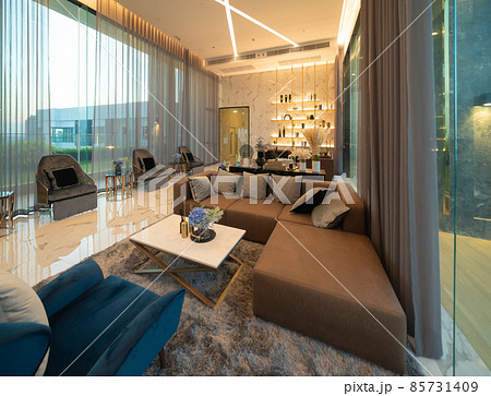 Inside of modern hotel lobby, entrance and reception, interior architecture design decoration, waiting area with urban city view of outdoor, indoor. Inside of modern hotel lobby, entrance and reception, interior architecture design decoration, waiting area with urban city view of outdoor, indoor. 85731409