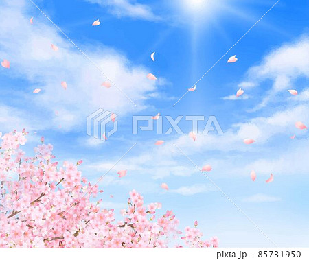 美しく華やかな桜の花と花びら舞い散る春の爽やか青空に光差し込む雲のフレーム背景ベクター素材イラスト 85731950