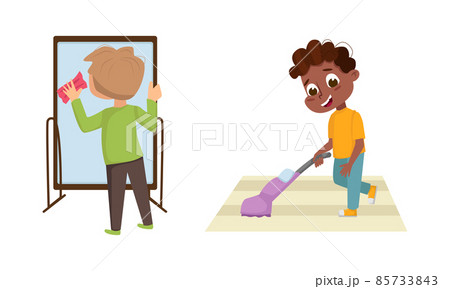 Little Big-eyed Boy Cleaning Mirror and Vacuuming Floor Vector Set Little Big-eyed Boy Cleaning Mirror and Vacuuming Floor Vector Set 85733843