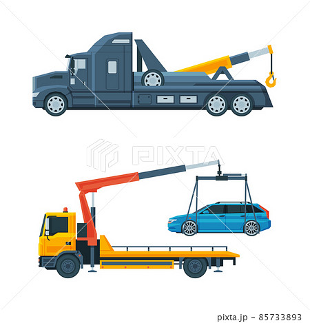 Tow Truck or Wrecker Moving Disabled or Impounded Motor Vehicle Vector Set Tow Truck or Wrecker Moving Disabled or Impounded Motor Vehicle Vector Set 85733893