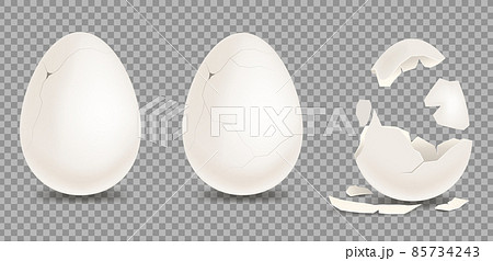 Cracked egg. Cartoon 3d realistic chicken broken eggs with cracks and smithers. Shell with cracks. Isolated on a transparent background. Stock vector template. 85734243