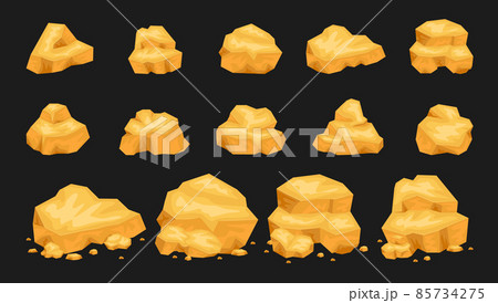 Set of isolated gold mine nuggets and rocks. Natural gems, golden mines elements. 3d gaming rocks, natural gemstones isolated on black. 85734275