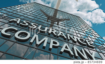 ASSURANCE COMPANY signboard on a modern skyscraper reflecting flying airplane. 3D rendering ASSURANCE COMPANY signboard on a modern skyscraper reflecting flying airplane. 3D rendering 85734699