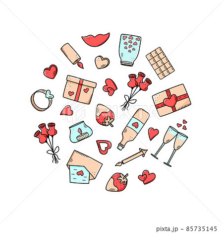 A set of doodle icons for Valentine s Day or wedding. Vector illustration of romantic accessories candles hearts ring bottle and glasses of wine, strawberry chocolate gift lips A set of doodle icons for Valentine s Day or wedding. Vector illustration of romantic accessories candles hearts ring bottle and glasses of wine, strawberry chocolate gift lips 85735145