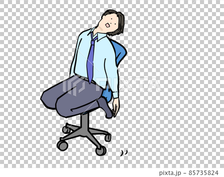 脱力放心状態でやる気なく椅子の上に正座をするスーツ男性イラスト 85735824