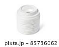 Plastic disposable top coffee cap lid isolated on white. Blank white disposable coffee cup lid mock up lying top view, 3d rendering. Empty drinking mug mock-up. Clear plain tea take away package. 85736062