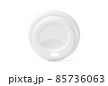 Plastic disposable top coffee cap lid isolated on white. Blank white disposable coffee cup lid mock up lying top view, 3d rendering. Empty drinking mug mock-up. Clear plain tea take away package. 85736063