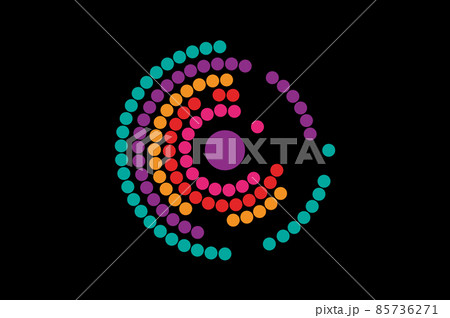 spinning circles vector logo. Abstract colorful dotted circles swirl image logo. Concept letter C, business, sport. Halftone dots Round labyrinth Icon sign isolated on black background spinning circles vector logo. Abstract colorful dotted circles swirl image logo. Concept letter C, business, sport. Halftone dots Round labyrinth Icon sign isolated on black background 85736271