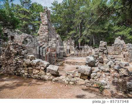 Ruins of large bath of ancient Phaselis city. Famous architectural landmark, Kemer district, Antalya province. Turkey. 85737348