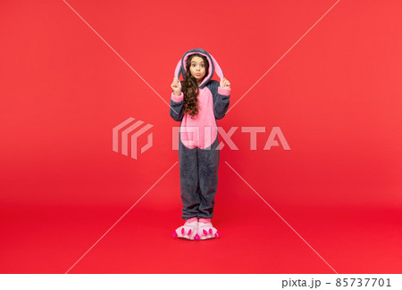 good morning. kid wear soft night suit. full length. funny child in cozy sleepwear. 85737701