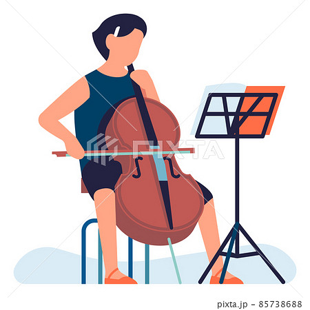 Musician practicing on cello. Person playing on wooden music instrument Musician practicing on cello. Person playing on wooden music instrument 85738688
