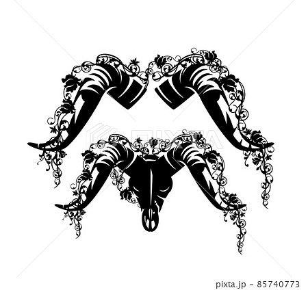 goat or ram skull and horns among rose flowers black vector outline 85740773