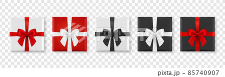 Vector 3d Realistic Paper White, Red, Black Christmas Gift Box, Bow Icon Set Isolated. New Year, Christmas, Valentine Day or Anniversary Concept. Design Template of Christmas Present Packing. Top View 85740907