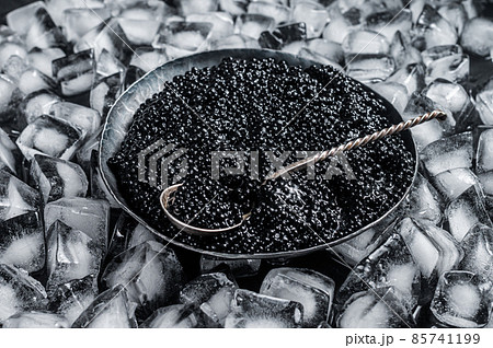 Luxury Black Sturgeon caviar in steel plate on ice. Gray background. Top view. Copy space Luxury Black Sturgeon caviar in steel plate on ice. Gray background. Top view. Copy space 85741199
