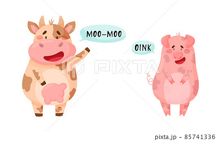Cute baby animals making sounds set. Cow and pig saying moo and oink cartoon vector illustration 85741336