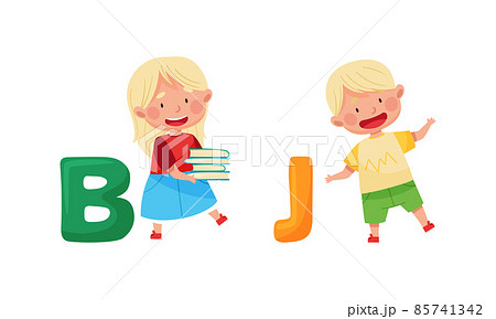 Cute kids with English alphabet letters.Happy elementary school students and B,J letters cartoon vector illustration Cute kids with English alphabet letters.Happy elementary school students and B,J letters cartoon vector illustration 85741342