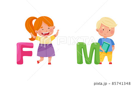 Cute kids with English alphabet letters. Boy and girl and F, M letters cartoon vector illustration Cute kids with English alphabet letters. Boy and girl and F, M letters cartoon vector illustration 85741348