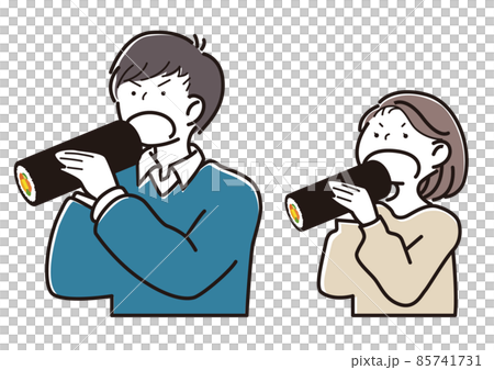 大きな口で恵方巻を食べる男女 大きな口で恵方巻を食べる男女 85741731
