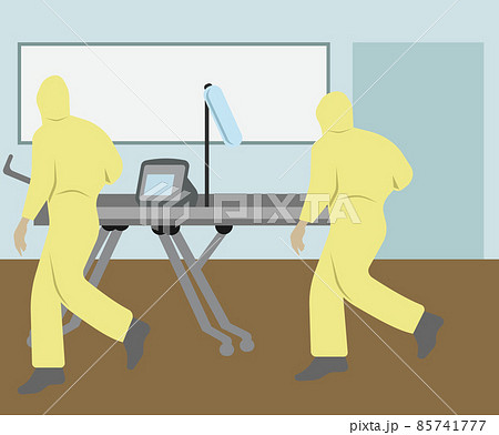 Doctors in protective suits run to the patient. Doctors in protective suits run to the patient. 85741777