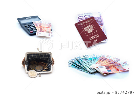 Collage of russian passport, euro banknotes, coins, purse and calculator lon white background Collage of russian passport, euro banknotes, coins, purse and calculator lon white background 85742797
