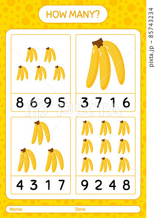 How many counting game with banana worksheet for preschool kids, kids activity sheet, printable worksheet 85743234