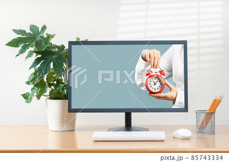 Front view of a workspace modern computer . Blank mockup screen Front view of a workspace modern computer . Blank mockup screen 85743334