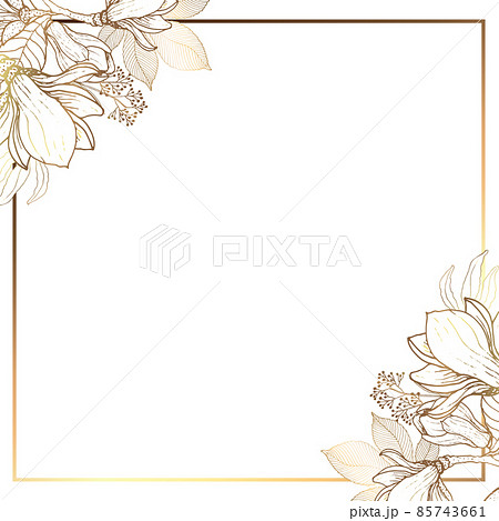 Square golden frame made of small flowers and branches of a golden plant on a white background. Minimalism of forms in a square frame and abstraction. Vector illustration. Square golden frame made of small flowers and branches of a golden plant on a white background. Minimalism of forms in a square frame and abstraction. Vector illustration. 85743661