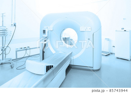 Medical CT or MRI Scan in the modern hospital laboratory. Interior of radiography department. Technologically advanced equipment in white room. Magnetic resonance diagnostics machine. Medical CT or MRI Scan in the modern hospital laboratory. Interior of radiography department. Technologically advanced equipment in white room. Magnetic resonance diagnostics machine. 85743944