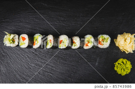 colourful chicken, sprouts and avocado rice paper spring rolls with soy base dip sauce 85743986