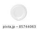 Plastic disposable top coffee cap lid isolated on white. Blank white disposable coffee cup lid mock up lying top view, 3d rendering. Empty drinking mug mock-up. Clear plain tea take away package. 85744063