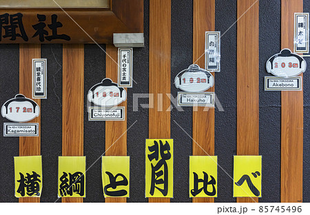 [東京・両国] 横綱と背比べできる恵比寿駅内の写真コーナーの壁。 85745496