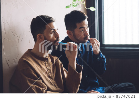歯みがきをする2人の男性ライフスタイル 85747021